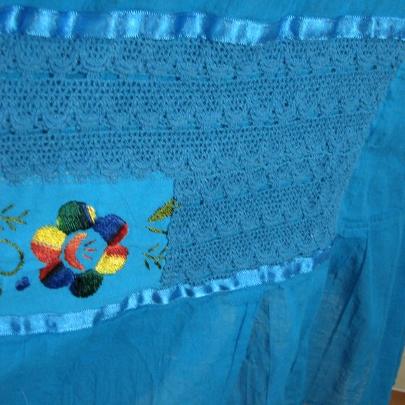 Bright Turquoise Aqua  Mexican Floral Embroidered Dress Off Shoulder Summer - Picture 9 of 12